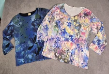 2 Jess & Jane Women's Large 3/4 Sleeve Shirts Blue Floral 100% Cotton USA