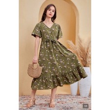 SHEIN Curve Olive Green Floral V-Neck Ruffle Hem Midi Dress 4XL Plus Size