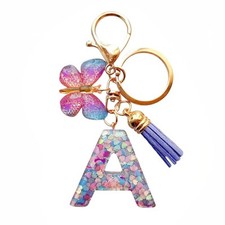 Cute Initial Letter Keychains for Women Girls Tassel Butterfly Pink A-purple