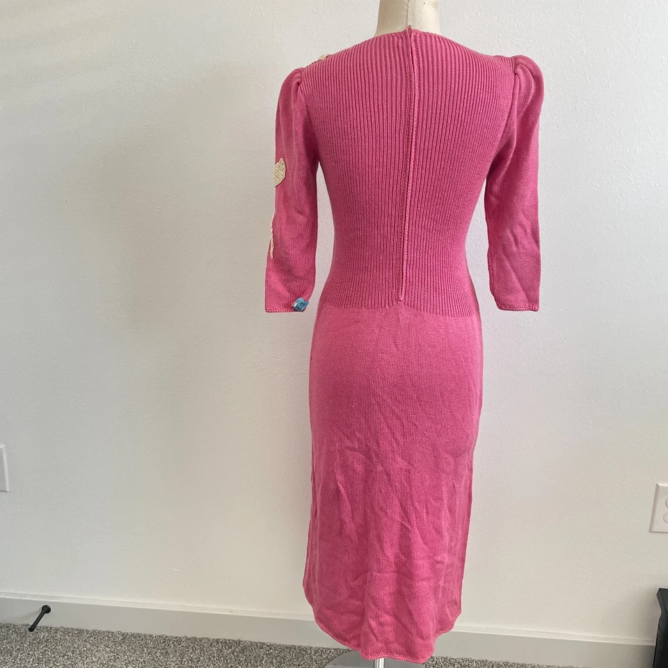 Vintage Lillie Rubin Dress Women 6 Pink Knit Sweater Midi Floral Crochet Puff 80 - Image 2 of 4