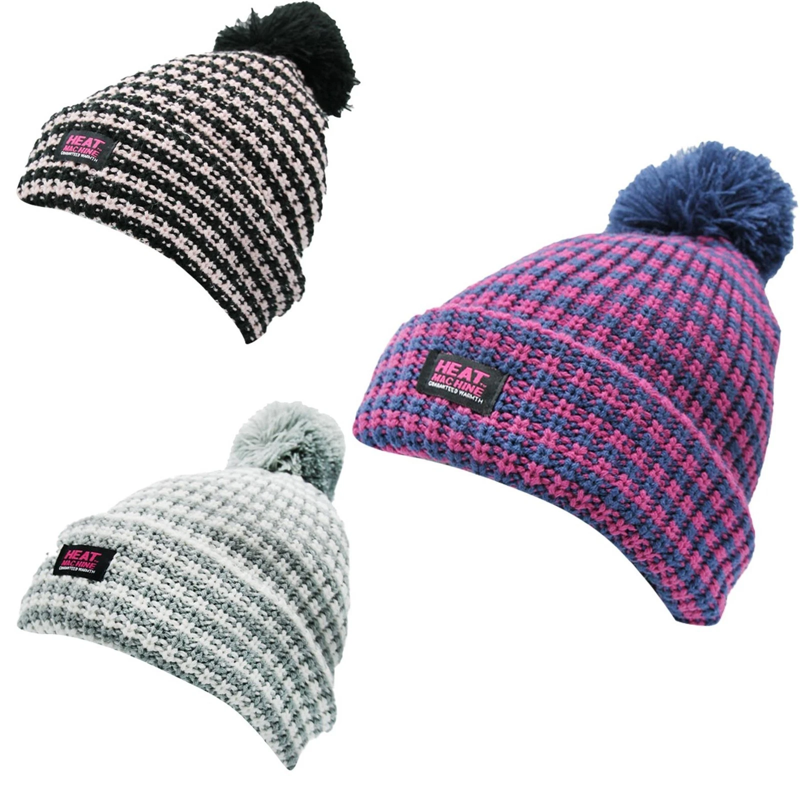 A2Z Ladies Hats Stripe Bobble Beanie Fleece Lined Pom Winter Warm Cosy Caps