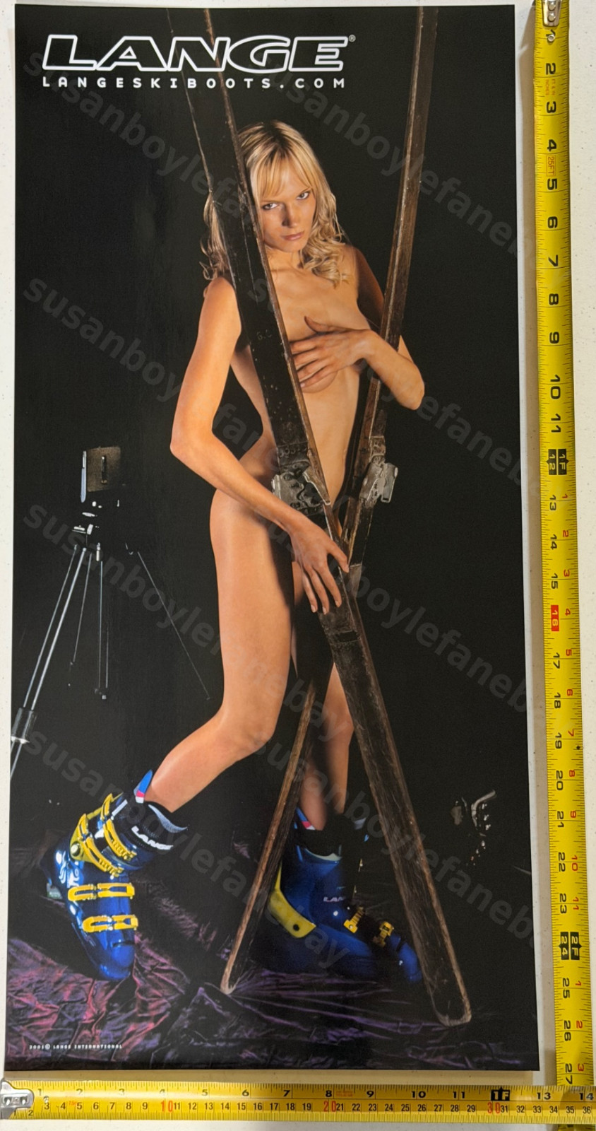 Lange Ski Boots Poster 2001 Girl Skiing Sexy Pin Up Antique Skis