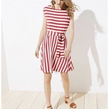 Loft Sleeveless Dress Red White Striped Wide Neck Fit & Flare Waist Tie Size 2