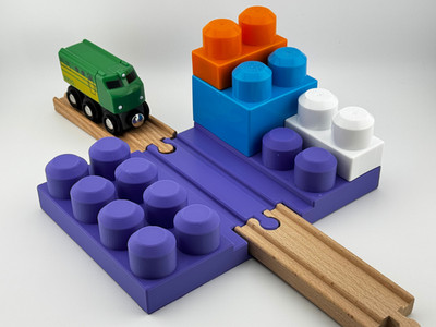 Large 2 x 4 two-sided Mega Bloks build plate with wooden train track