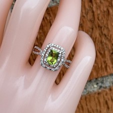 Radiant Cut Natural Peridot  Zircon Halo Ring Sterling Silver Size 7