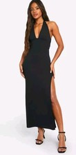 Boohoo Stylish  Crepe Plunge Splite Leg Maxi Dress Black Size 12
