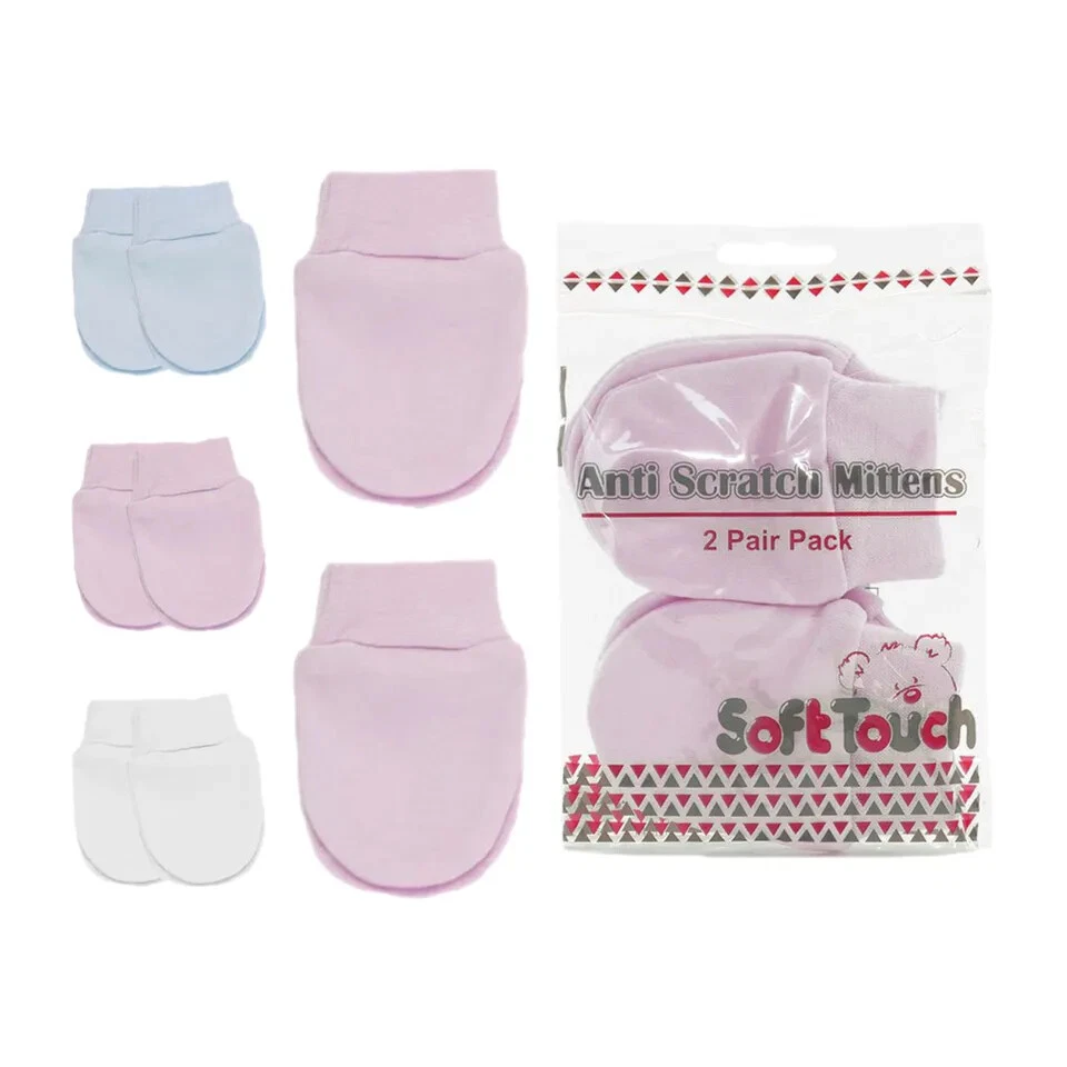 SOFT TOUCH Baby Kratzhandschuhe 2 Paar Pack Neugeborene Mädchen Jungen Rosa Blau 100% Baumwolle Handschuhe