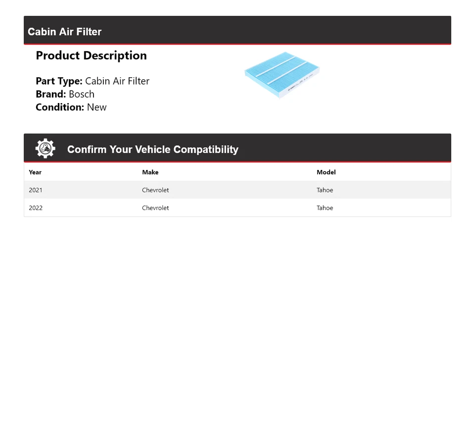 For 2021-2022 Chevrolet Tahoe Bosch Cabin Air Filter - Image 2 of 4