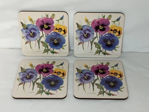 [SET OF 4] Valerie Pfeiffer Flower Print Coasters Hardboard Cork Back Floral