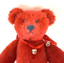 Vintage 13 inch Steir Bear Red Mohair with Bells and a Fir Tree