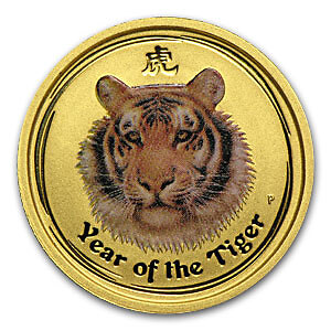 2010 Australia 1/10 oz Gold Lunar Tiger BU (SII, Colorized