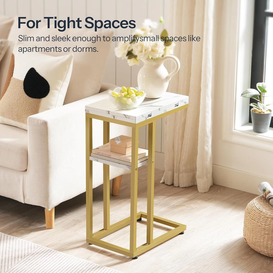 Foldable End Table, Gold C Shaped Side Table with Storage Shelf, Small Snack Tab - Image 4 of 4