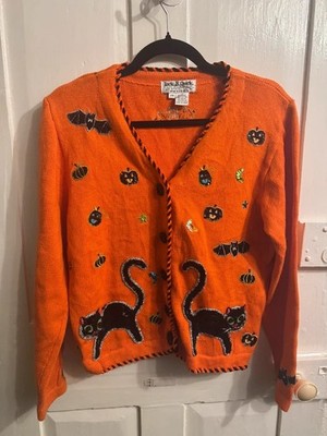 Vintage Jack B. Schnelle Halloween Katzen & Fledermäuse Strickjacke | Petite Medium