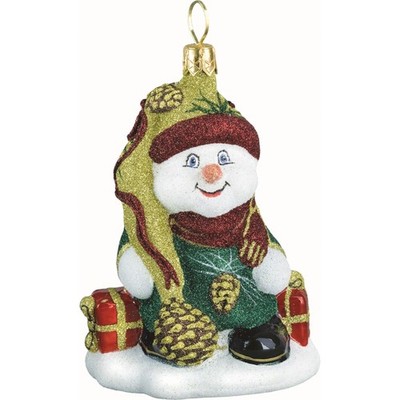 Joy to the World Mini Frosty Snowman with Golden Cones Glass Christmas Ornament