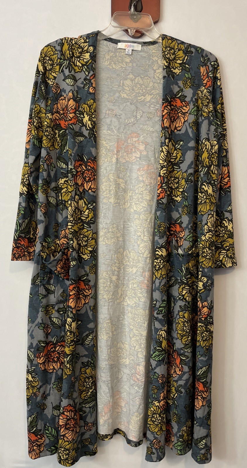 Lularoe Womens Medium Blue Floral Open-Front Long Soft Pocketed Kimono! A575