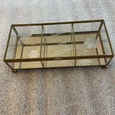 VINTAGE CLEAR Flower ETCHED GLASS/MIRROR BOTTOM TRINKET JEWELRY BOX BRASS MEXICO