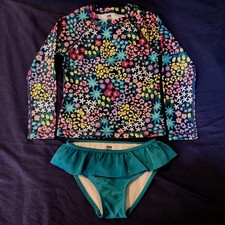 Tea Collection Girls Sz 6 Long Sleeve Floral Rashguard/Teal Bottom 2 pc Swim Set