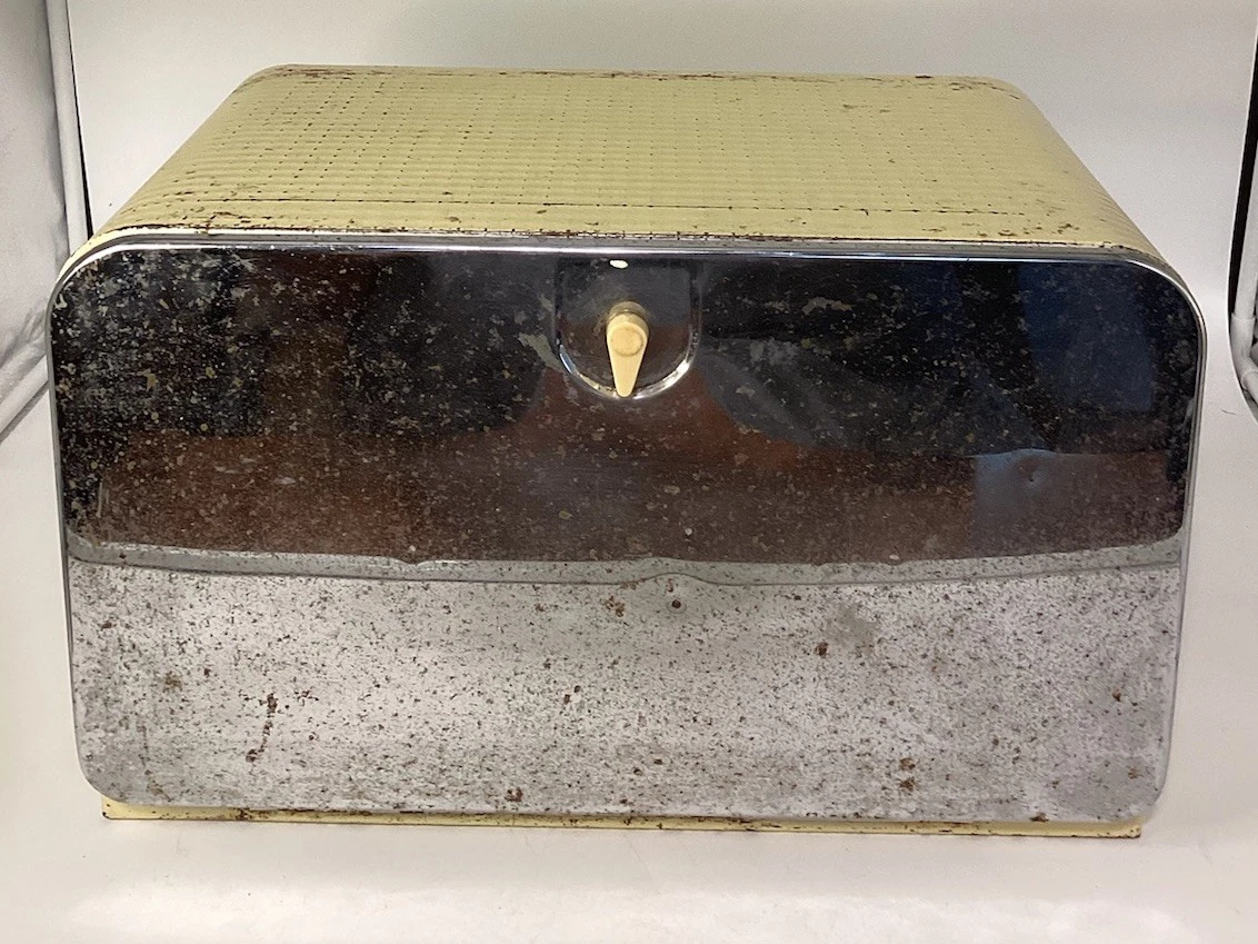 Vintage Stainless Steel Yellow Bread Box Cutting Board Shelf MCM *Read*