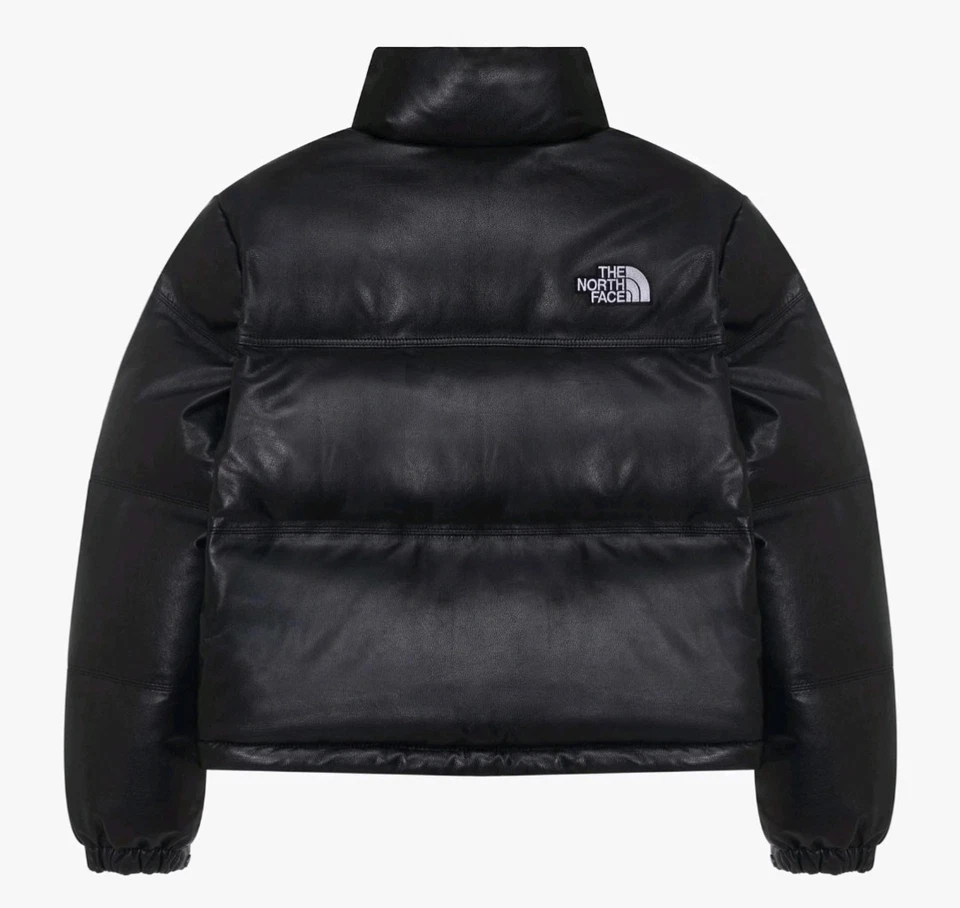 Chaqueta acolchada de cuero negra estilo Nuptse para mujer - Abrigo inspirado en la montaña Foto 2 de 4