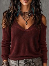 Brown Off Shoulder Sheer Long Sleeve Knit Top, Loose Casual Vacation Knit Blouse