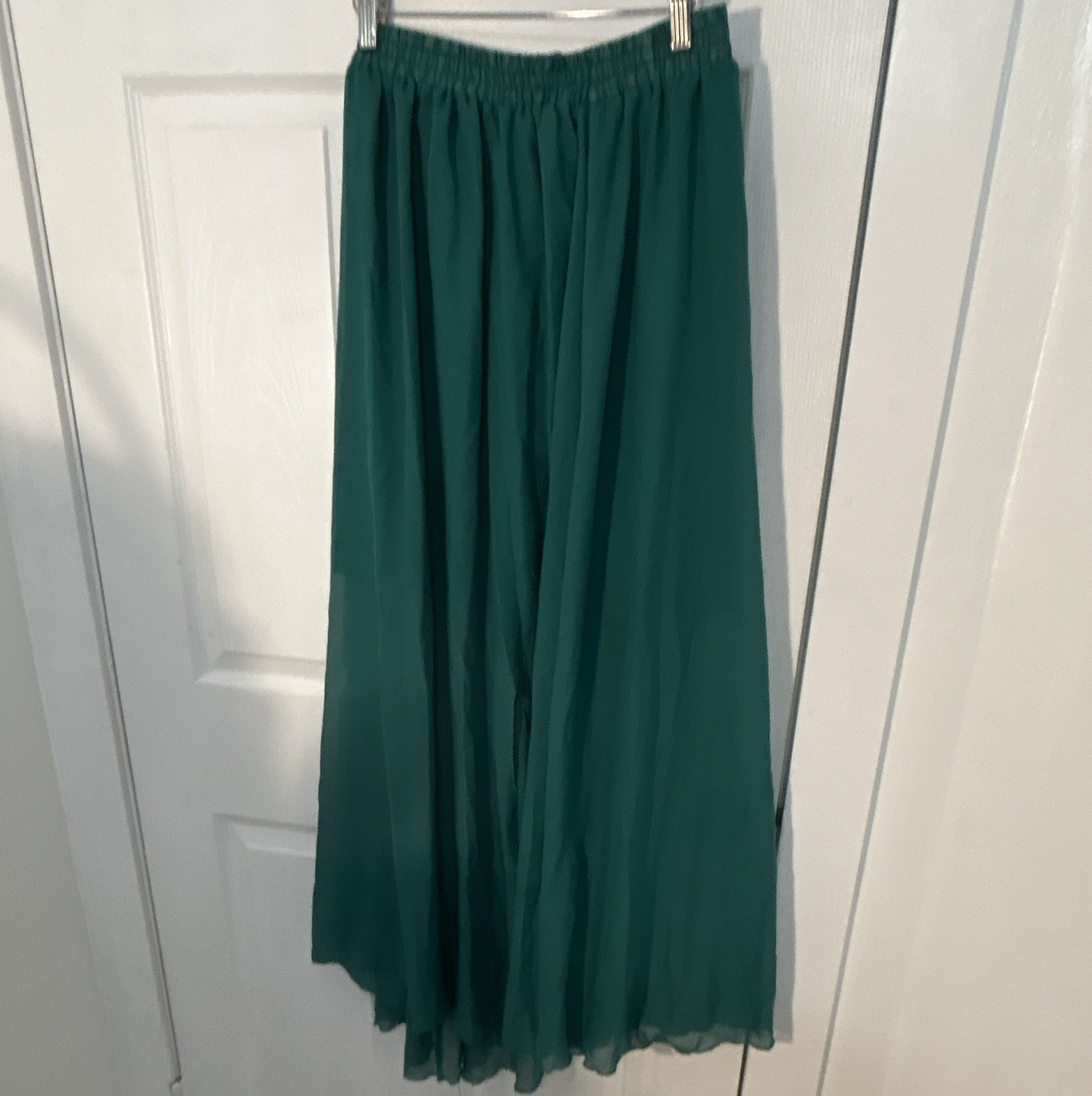 Women’s Green Solid Chiffon Pleated Midi Skirt Elastic Waist Pull-On XL