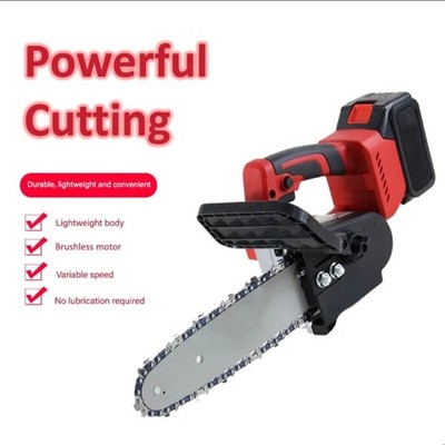 Cordless 10'' Chainsaw, Brushless Motor, Battery, Accessories, Red/Black