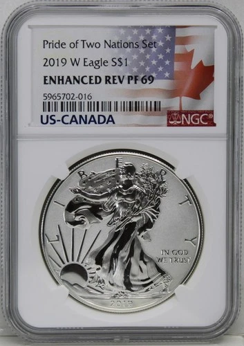2019 W Pride of Two Nations Enhanced Reverse PF69 American Silver Eagle