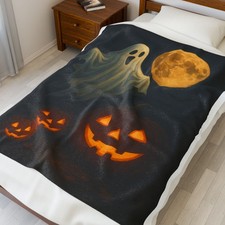 Spooky Ghost Blanket, Cozy Halloween with Ghosts  Pumpkins, Home Decor