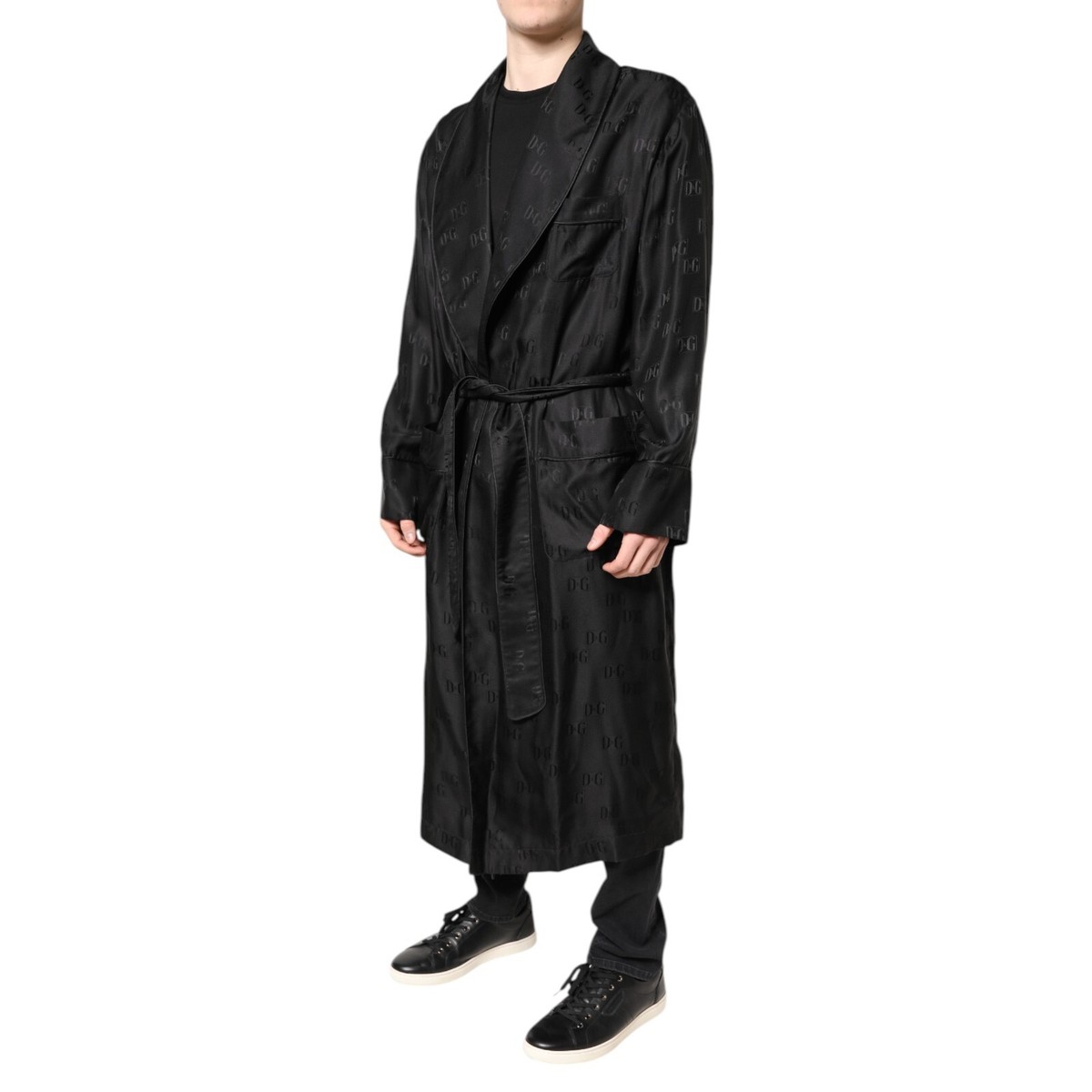 DOLCE & GABBANA Jacket Black Silk DG Logo Men Wrap Robe Coat IT46