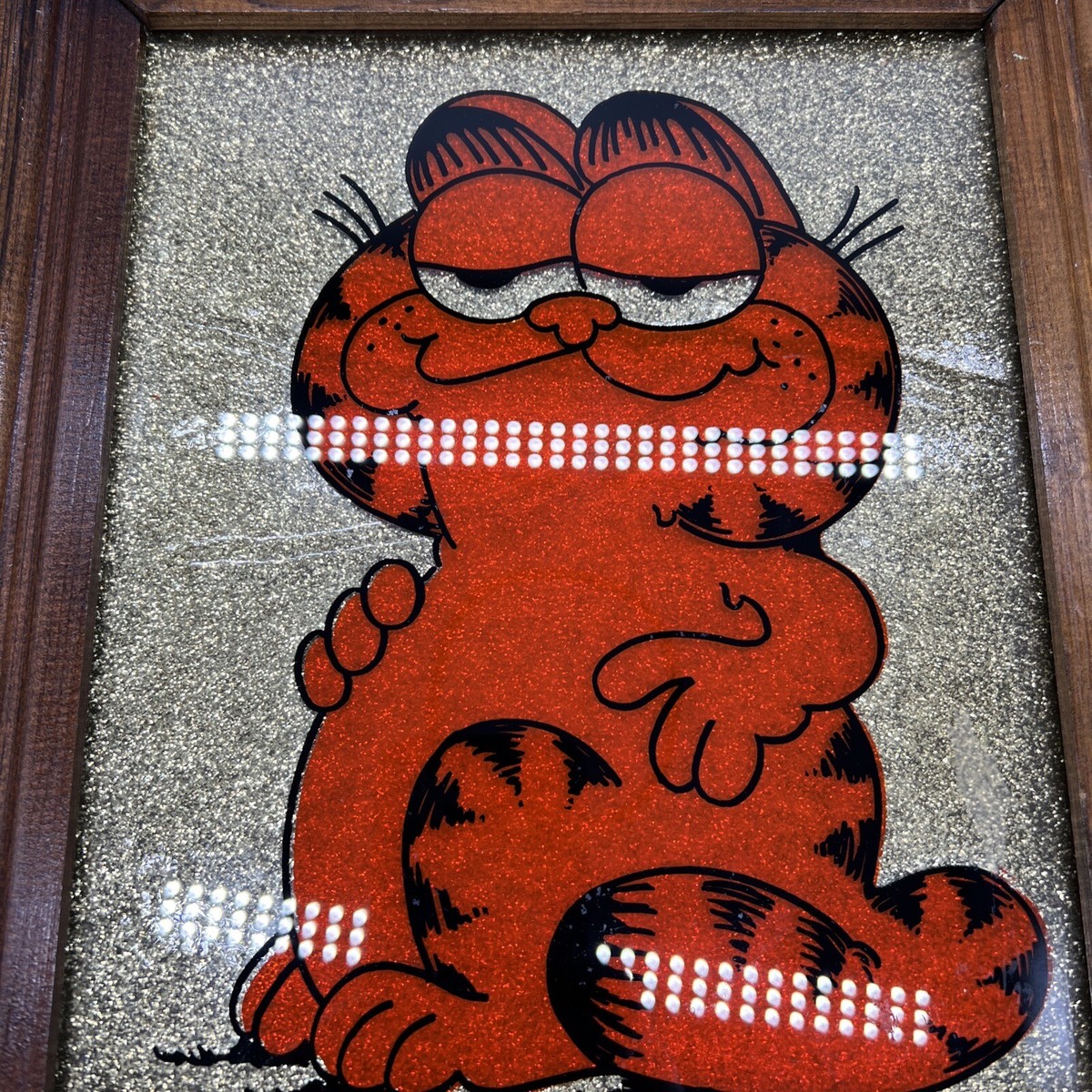 Vintage Glitter Art Garfield Wood Frame 11.5”x13.5” Cartoon