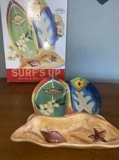 Clay Art Surf’s Up Surfboard Design Chip & Dip Beach Ceramic Serving Platter