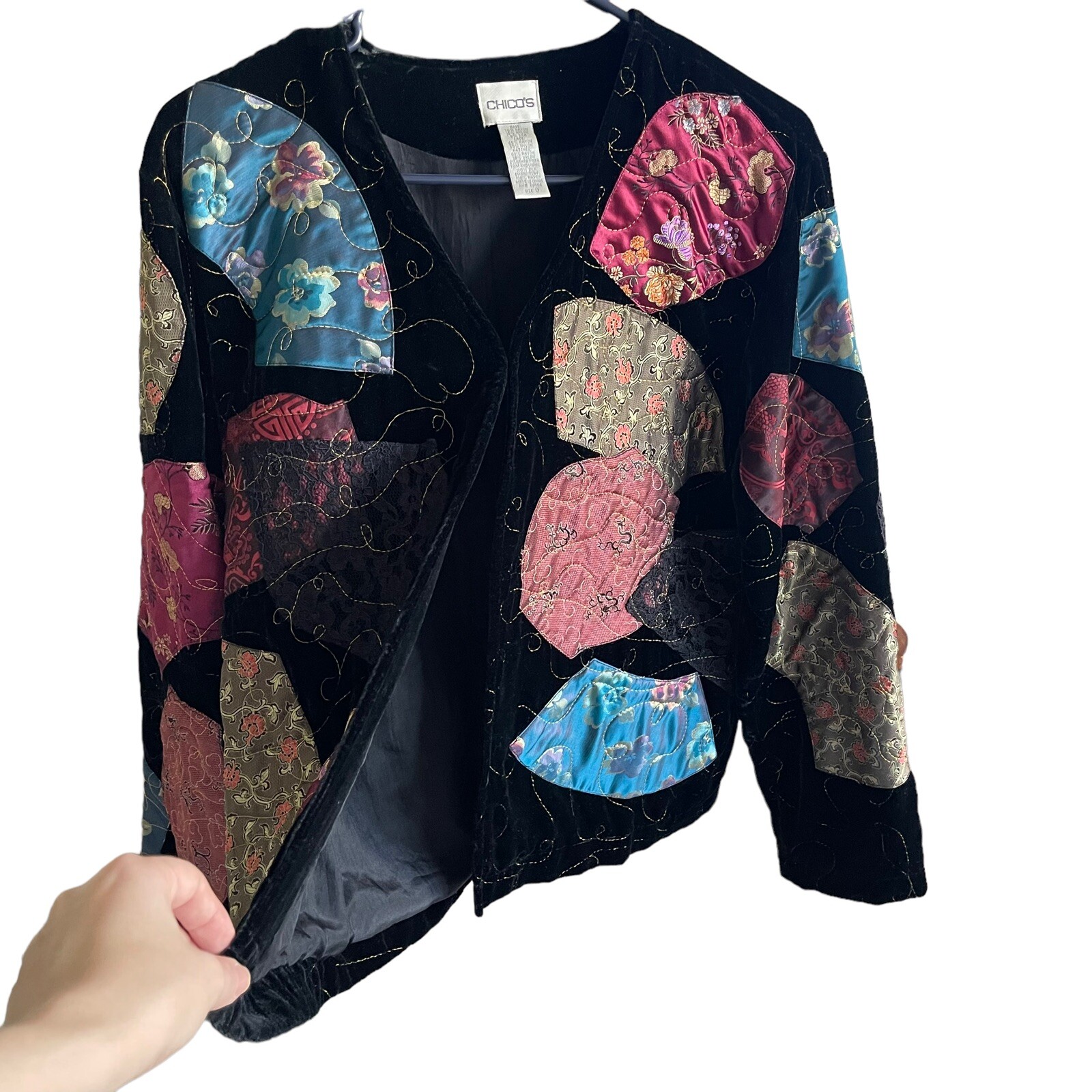 EUC Chico's Black Velvet Jacket Patchwork Lace Fl… - image 1