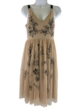 Express Tulle Dress V-Neck Floral Bird Embroidered Tan Black Lined Womens Size 2