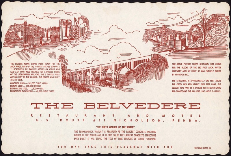 Vintage placemat THE BELVEDERE Restaurant Motel Lackawanna Railroad Nicholson PA