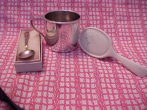 3 Baby Items Brush, Feeding Spoon & Baby Cup With "S" Silverplate Wm Rogers Cool