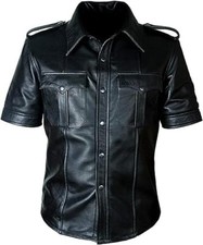 Men's Real Sheepskin Leather Police Uniform Military Shirt Sleeves Gay Shirt