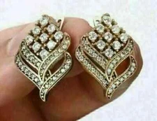 3.80Ct Round Cut Real Moissanite Cluster Stud Earrings 14K Yellow Gold Plated