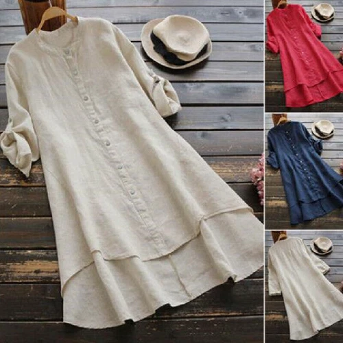 Mujeres Informal Algodón Lino Camisa Vestido Retro Botón Suelto Túnica Blusa Prendas para el torso Playa - Imagen 7 de 40