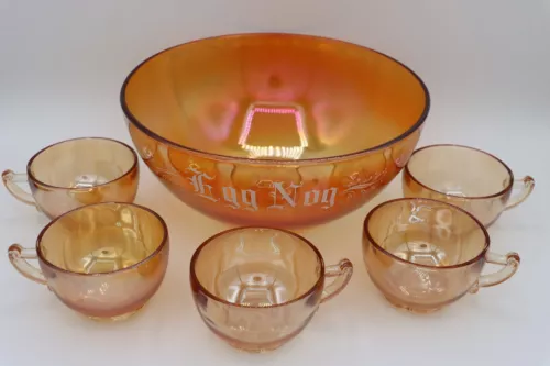 Vintage Orange Carnival Glass Iridescent Egg Nog Punch Bowl & 5 Cups Christmas