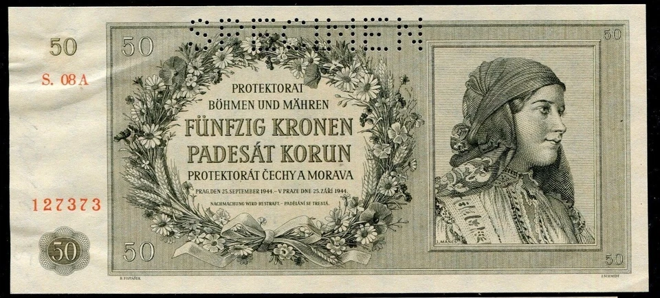 BOHEMIA & MORAVIA 50 KORUN P-10 1944 WREATH WOMAN EURO CZECHOSLOVAKIA BANK NOTE - Image 4 of 4