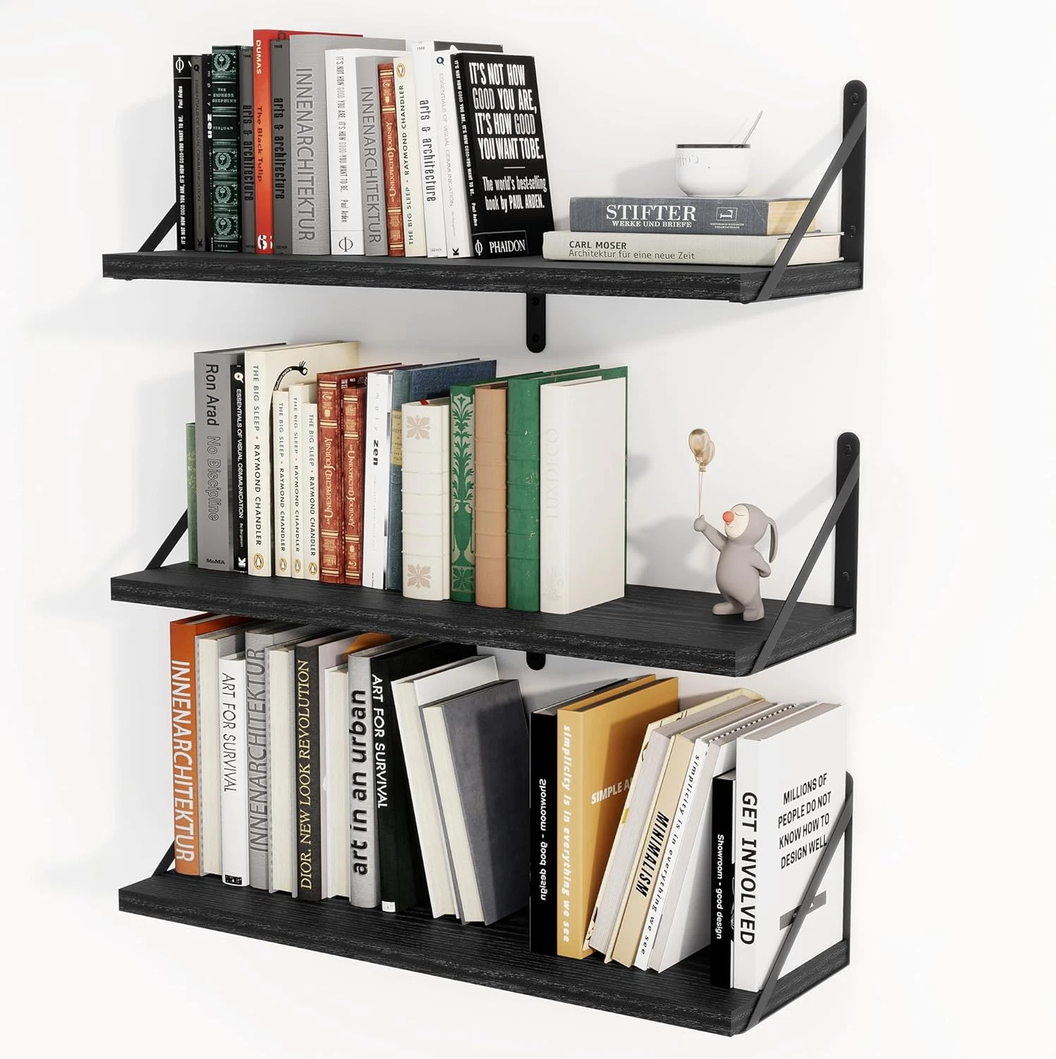 Set of 3 Black 24" Floating Shelves for Kitchen, Bathroom, and Living Room