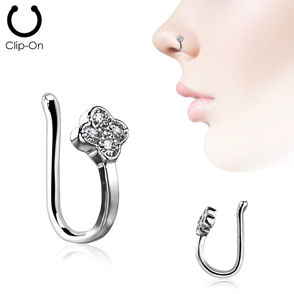 Clip On Naso Stud Flower Cuff 4CZ Cubic Zirconia Micro Pave Jewelry Non Forato - Immagine 2 di 4