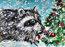 ORIGINAL ACEO Painting RACCOON Winter Snow XMAS Animal Coon Pine Tree Nature ART