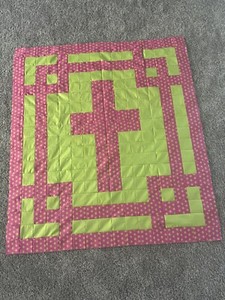 Cross Quilt Top, Pink and Lime. Cotton Blend. Approximate Size: 56” x 62”
