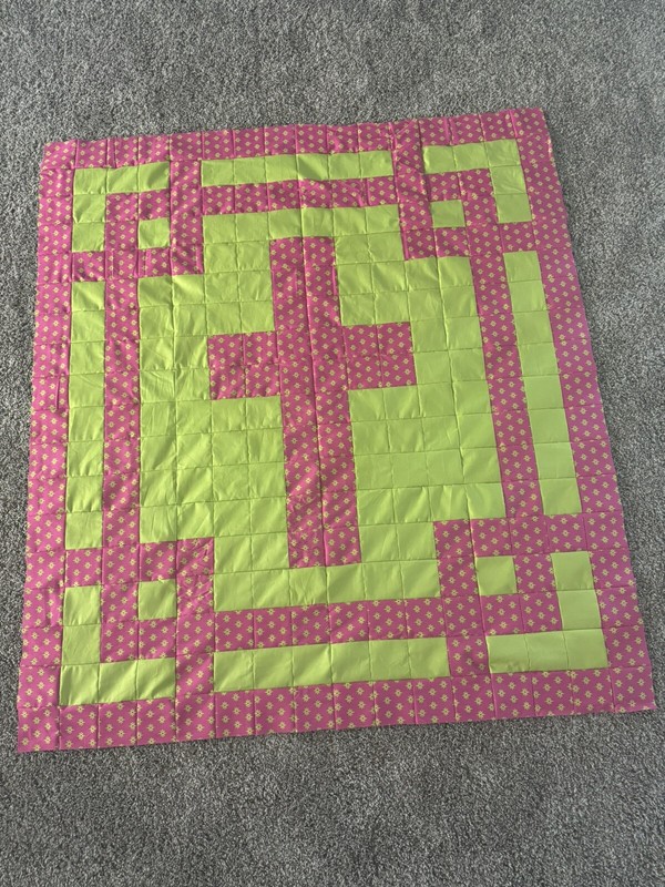 Cross Quilt Top, Pink and Lime. Cotton Blend. Approximate Size: 56” x 62”