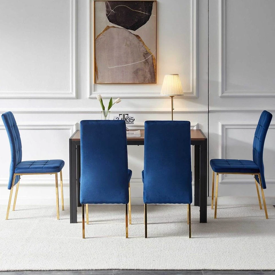 5-Piece Dining Set Including Blue Velvet High BackGolden Color LegsNordic Dining - Image 3 of 4