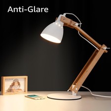 LED Swing Arm Desk Lamp, Wood Integrated Table Lamp, Heavy Base, 4-Level Dimmer