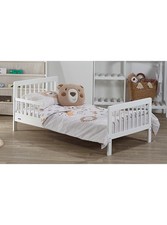 Toddler Bed Bundle with Mattress - Low-Height White Pine Bed, Safety Rails