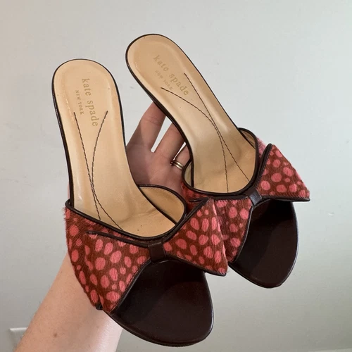 RARO Kate Spade marrone rosa a pois capelli di cavallo pelle fiocco tacchi a spillo 6 5B