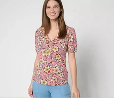 AnyBody Cozy Knit Printed Ruffle Front Top Ocean Coral L A695705